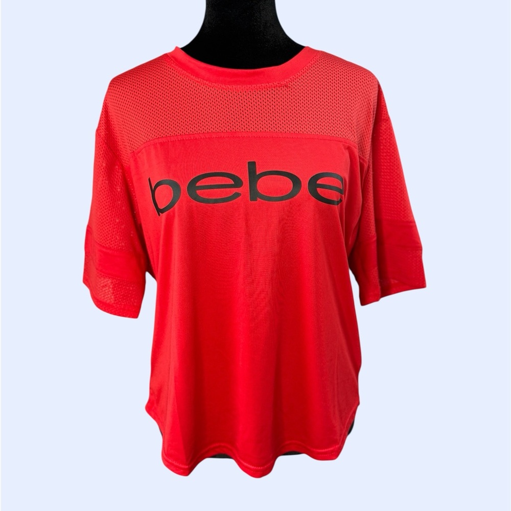 Bebe mesh logo tee red short sleeve top size S Y2K sporty clubwear - Picture 2 of 9